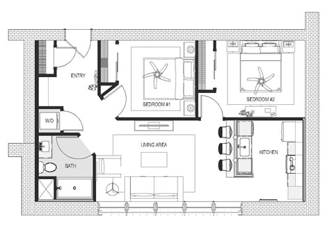 Floor plan for 2 beds, 1 bath, 927 sqft